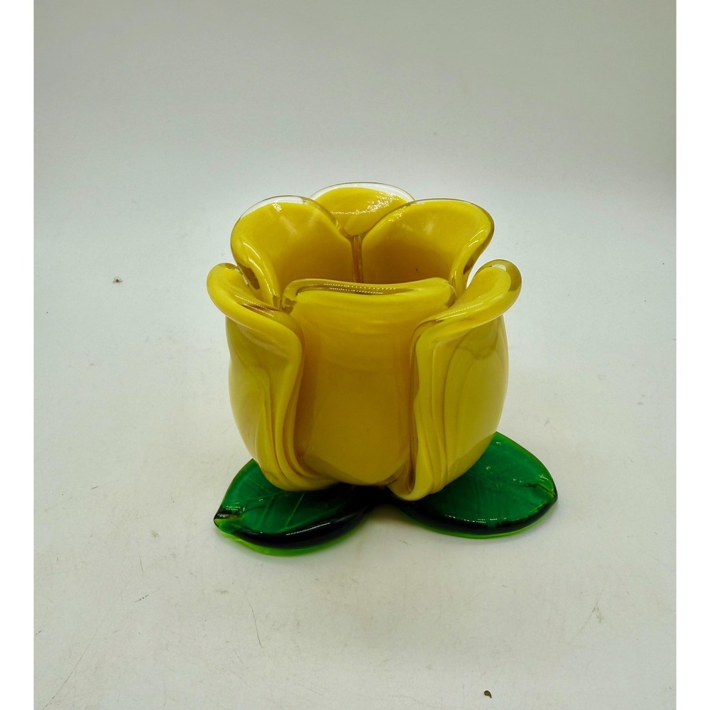 Vase Yellow Hand Blown Glass Art Glass Tulip Votive Candle Holder Cottage
